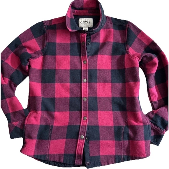 Orvis Snap Down Flannel Shirt Jacket Womens Medium Pink Navy Plaid Fleece Lined - Picture 1 of 8